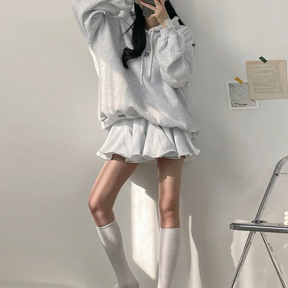 Grey Casual Women's Elastic Waist Fleece Flare Skirt